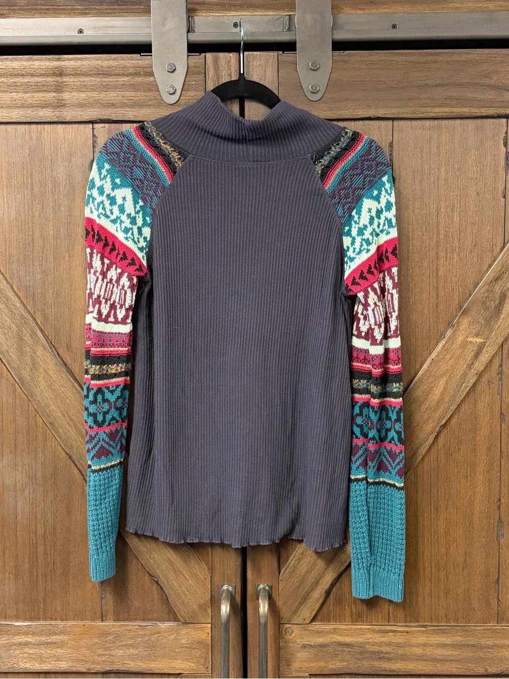 Free People Prism Fair Isle Sweater Gray Ribbed Boho Thermal Pullover Top Size M